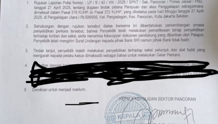 Dua Kali Dipanggil Polisi, Pihak BRI Tidak Kunjung Hadir