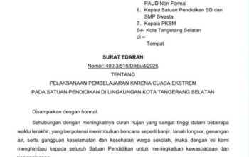 Disdik Tangsel Terbitkan Surat Edaran, Sekolah Terdampak Cuaca Ekstrem Diperbolehkan PJJ