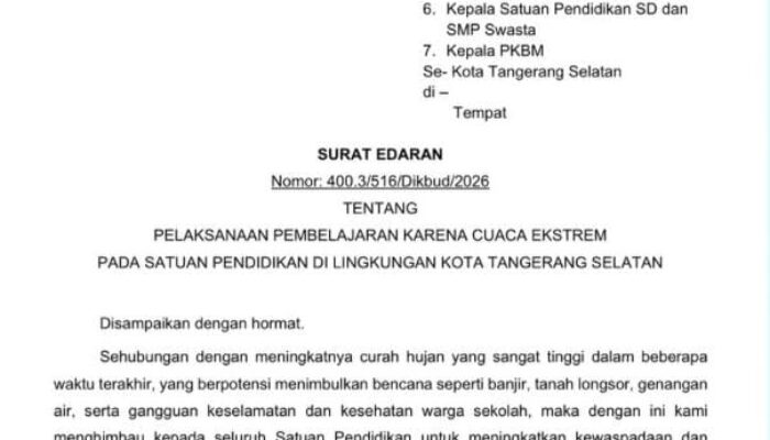 Disdik Tangsel Terbitkan Surat Edaran, Sekolah Terdampak Cuaca Ekstrem Diperbolehkan PJJ